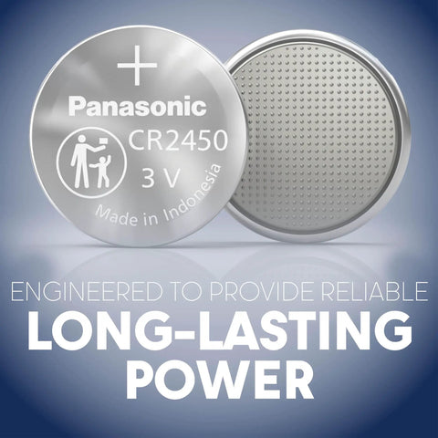 CR2450 3V Lithium Coin Cell Batteries 2 Pack Solid Juice That Goes The Distance With Secure Child Resistant Packaging For Watches Key Fobs Calculators And Home Electronics, showcasing Panasonic battery with silver finish.