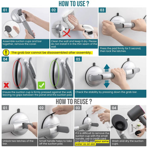 Image showing usage instructions for Rock Solid Shower Grab Bars With Grippy Suction Handles No Drill Bathroom Safety Rails.