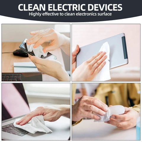 Four images showing the use of Grab-and-Go Multi-Purpose Nonwoven Cleaning Wipes 5.7 By 5.9 Inches on electronic devices.