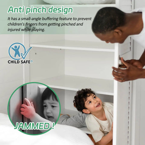 Child safe cabinet with anti-pinch design, preventing finger injuries with small-angle buffering feature, demonstrated by adult and child.