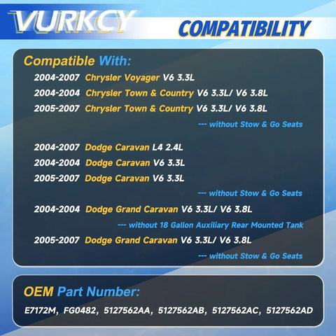 Compatibility chart for Straight Bolt On Professional Grade Electric Fuel Pump Module Assembly For 2004 To 2007 Dodge Caravan Chrysler Voyager.