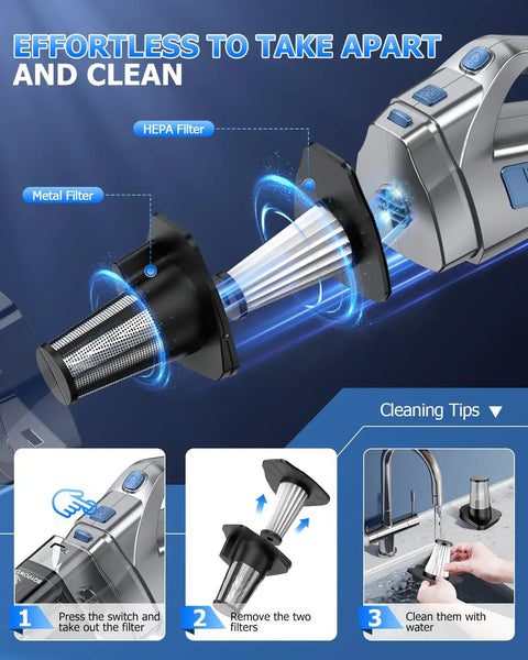Cordless Handheld Vacuum With 16000 Pa Suction Rechargeable Portable Car And Home Cleaner showing filter removal steps