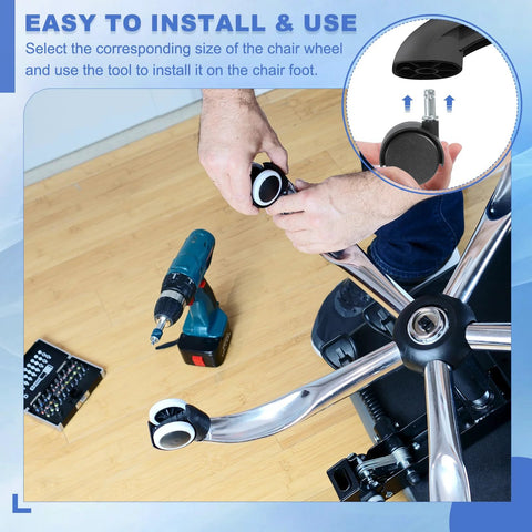 Man installing Office Chair Wheels Replacement 8 Pcs Nylon Heavy Duty Caster Wheels With Universal Stem For Hardwood Floors