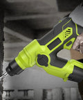 Built Tough Cordless Drill Hammer Screwdriver Industrial Power Tool Combo Set Featuring Three Mode Switches, close-up view showing drilling in action.