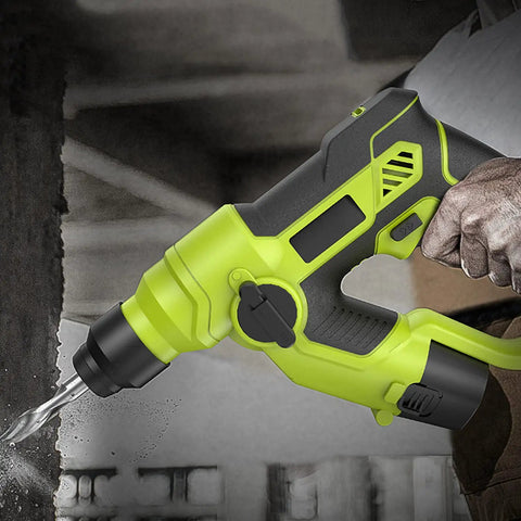 Built Tough Cordless Drill Hammer Screwdriver Industrial Power Tool Combo Set Featuring Three Mode Switches, close-up view showing drilling in action.