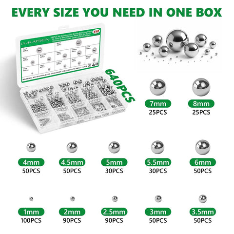 640 Piece Assorted 304 Stainless Steel Bearing Balls Kit 1mm To 8mm Sizes Rust Resistant Precision Built Heavy Duty Metal Hardware For Auto Repair And Diy Fixes Rock Solid Quality, various ball sizes displayed.