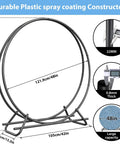 Heavy Duty Circular Firewood Rack 4 Foot Diameter Made From Black Steel Pipes For Indoor And Outdoor Use Log Holder displayed with measurements