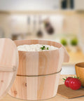 Sweet Wooden Rice Container Bucket With Sturdy Side Handle For Steaming Perfectly Fragrant And Chewy Rice Using Safe Odorless Material For Busy Home Chefs Who Want That Good Vibes Cooking Experience Today with lid and rice.