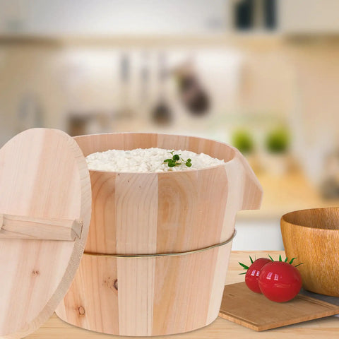 Sweet Wooden Rice Container Bucket With Sturdy Side Handle For Steaming Perfectly Fragrant And Chewy Rice Using Safe Odorless Material For Busy Home Chefs Who Want That Good Vibes Cooking Experience Today with lid and rice.