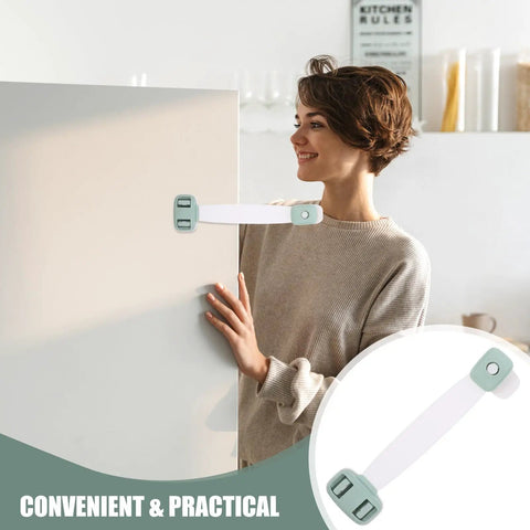 Five Pack Kid Safe Cabinet Locks For Babies on a refrigerator, featuring a double press buckle and 360-degree rotation for security.