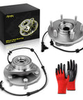 Premium Heavy Duty 4WD Front Wheel Bearing Hub Assembly 2 Pack For Nissan Titan And Armada 2012 To 2015 5.6L V8 displayed with box and gloves.
