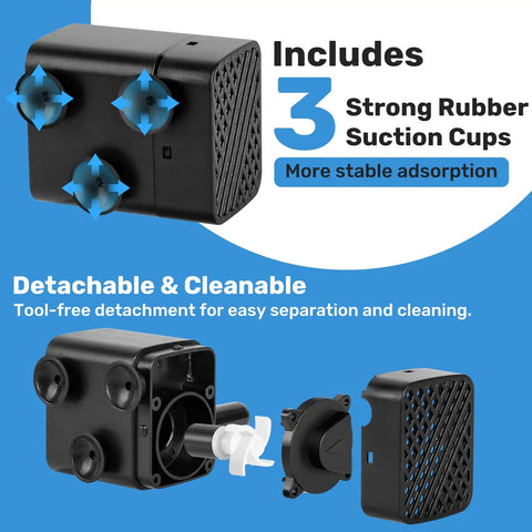 Mini Submersible Pump For Fish Tanks And Fountains Ultra Quiet 5V USB Water Pump with detachable parts and suction cups.