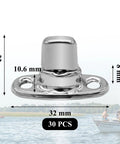 Close-up of 30 Sets Twist Lock Fasteners With Rotating Button Design 304 Stainless Steel Plated shown with dimensions