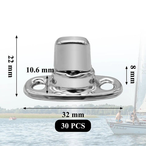 Close-up of 30 Sets Twist Lock Fasteners With Rotating Button Design 304 Stainless Steel Plated shown with dimensions