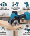 Heavy Hitter Cordless Mini Circular Saw And Angle Grinder 2 In 1 Featuring Brushless Motor 12000 Rpm and Rechargeable Battery close-up on wooden board.