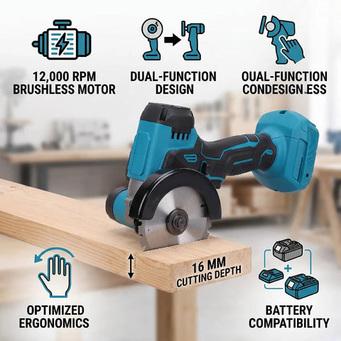 Kickass Cordless Mini Circular Saw And Angle Grinder Hybrid With Reversible Rotation And Adjustable Cutting Depth for wood projects.