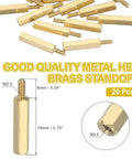 M2.5 X 19 Plus 6 Millimeter Female Thread Hex Brass Pcb Standoffs Twenty Piece Gold Spacer Set Built Different For Fpv Drones And Motherboards Sick Fit Hardware For Zero Sweat Assembly, showing 20 brass standoffs with dimensions.