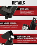 Details of Tough As Nails 12 Volt Linear Actuator With Six Inch Stroke and Mounting Brackets, showcasing safety, low noise features, and included brackets.