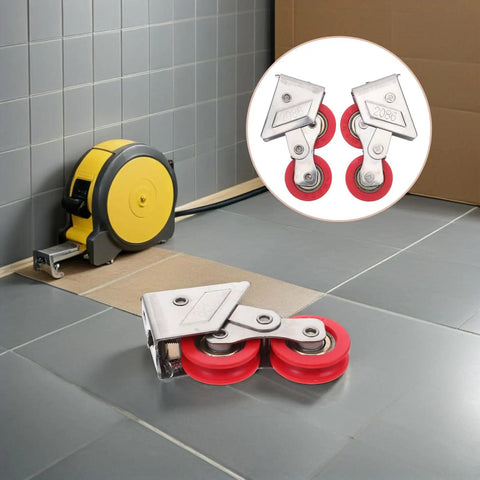 Heavy Duty Double Roller Pulley Kit For Closet Doors And Aluminum Windows Stainless Steel Replacement Wheels on tile floor, detailed view.