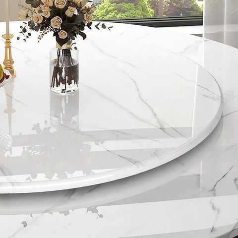 Top Shelf Premium Gray Marble Lazy Susan With 12 Millimeter Thick Round Serving Tray on dining table, providing ultra smooth 360 degree rotating spin.