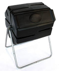 37 Gallon Plastic Single Chamber Rotating Tumbling Compost Bin With Elevated Stand for outdoor use on metal frame