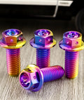 Premium Grade Titanium Flanged Hex Head Bolts M10 X125 Pitch X73mm colorful pack of four screws for motorcycle and car mods.