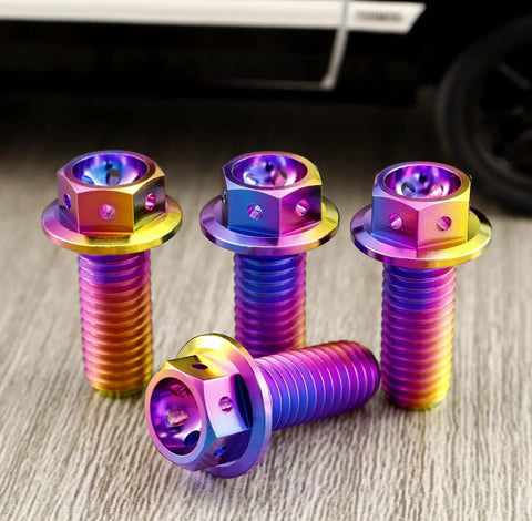 Premium Grade Titanium Flanged Hex Head Bolts M10 X125 Pitch X73mm colorful pack of four screws for motorcycle and car mods.