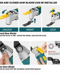 Demonstration of installing closed and open saw blades on the Hardworking 28 Piece Oscillating Multi Tool with 2.5 Amp corded design.