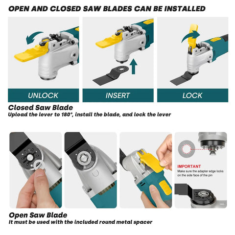 Demonstration of installing closed and open saw blades on the Hardworking 28 Piece Oscillating Multi Tool with 2.5 Amp corded design.