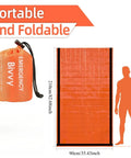 Emergency Thermal Sleeping Bag Kit With Drawstring Storage Pouch And Survival Whistle, Mylar, orange, folded in pouch, dimensions shown