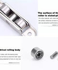 Heavy Duty Double Bearing Sliding Door Rollers With Adjustable Angle Premium Zinc Alloy Window Pulley Wheels detail showing nickel-plated surface and cylindrical rolling body.