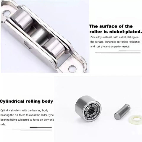 Heavy Duty Double Bearing Sliding Door Rollers With Adjustable Angle Premium Zinc Alloy Window Pulley Wheels detail showing nickel-plated surface and cylindrical rolling body.