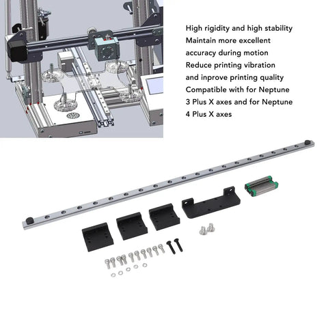 Mgn12 Linear Rail Kit For Neptune 3 Plus And 4 Plus 3D Printers showing components including aluminum rail, plates, and screws for upgrade.
