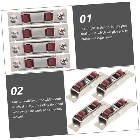 Heavy Duty Stainless Steel Sliding Window Sash Pulleys 4 Pack Double Roller Wheels For Slick Track Repair And Long Lasting No Fuss Window Sash Replacement Hardware set of four pulleys with red wheels