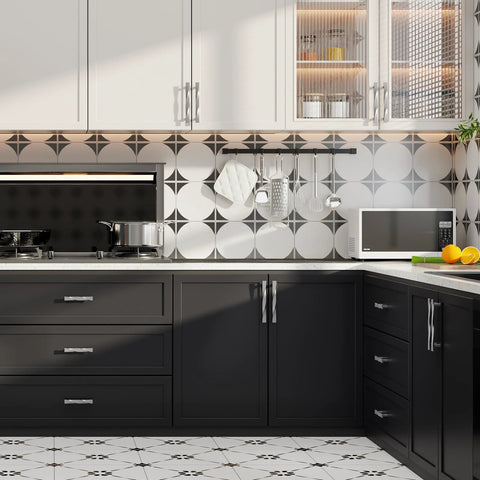 Modern kitchen with 10 pack brushed nickel cabinet knobs and drawer pulls set in solid zinc alloy installed on black cabinets.
