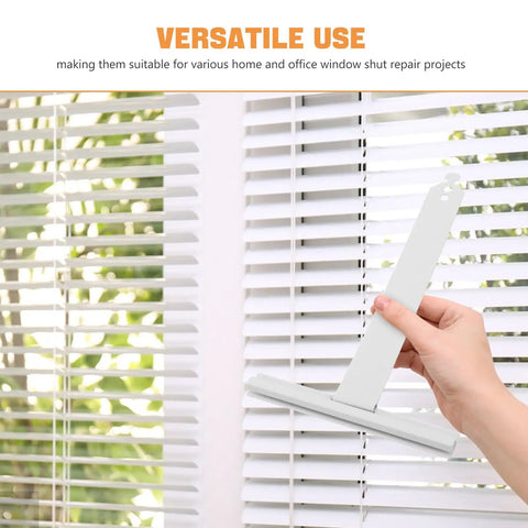 Heavy Duty Roller Shutter Hanger Strips With Pre Drilled Screw Holes And Snap Lock Slat Connector Clips Top Shelf Steel Hardware Kit in use on window blinds.