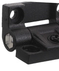 Close-up of adjustable torque friction hinge for cabinets and furniture plastic folding 90 degree doors anti sag design.