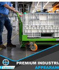 Badass 4 By 2 Inch Heavy Duty Caster Wheels Set Of 100 With Aluminum Core And Polyurethane Crowned Treads Roll Easy And Carry Eight Hundred Pounds Each Tough Build For Rolling Shop Carts Workbenches Or Any Hefty Warehouse Project in use with a green cart and industrial setting.