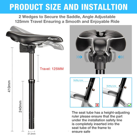 Wireless Dropper Post With Remote For Mountain Bikes Gravel Rigs And E Bikes Fits 27.2mm 30.9mm 31.6mm Seats 125mm Travel with saddle adjustment guide.