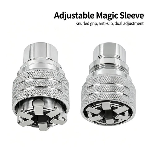 Adjustable Magic Sleeve featuring knurled grip for anti-slip use, part of 3/8 Inch Drive Socket Ratchet Wrench Set Two Piece Heavy Metal Tool Kit.