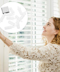 No Sweat Shutter Pin Curtain Repair Kit Pack with reliable plastic pins showcased above a smiling woman fixing her window blinds.