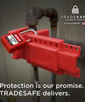 Adjustable Ball Valve Lockout Device For One Half To Four And Quarter Inch Pipe Diameter Lock Out Tag Out Water And Gas Valve Lock Two Pack with visible red lockout on pipe