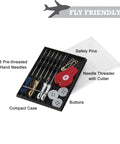 On The Fly Travel Sewing Kit Featuring Six Prethreaded Hand Needles A Sharp Needle Threader Cutter Three Spare Buttons And Two Dependable Safety Pins For Quick Wardrobe Fixes While You Are Out And About in a compact case.