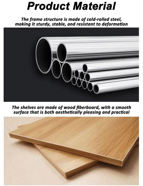 Product material image showing cold-rolled steel pipes and wood fiberboard shelves for Built Tough Heavy Duty Double Sided Gondola Shelving Unit.