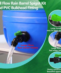 Full Flow Rain Barrel Spigot Kit with Bulkhead Fitting and Drain Valve installed on blue rain barrel, showing large green handle.
