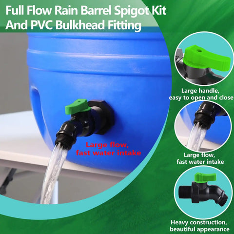 Full Flow Rain Barrel Spigot Kit with Bulkhead Fitting and Drain Valve installed on blue rain barrel, showing large green handle.