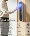 Man using Wifi Video Doorbell Smart Lock Featuring Eight Keyless Methods Palm Vein Facial Recognition Fingerprint Pin Card App Control For Heavy Duty Home Security Zero Sweat Tight Security Setup.