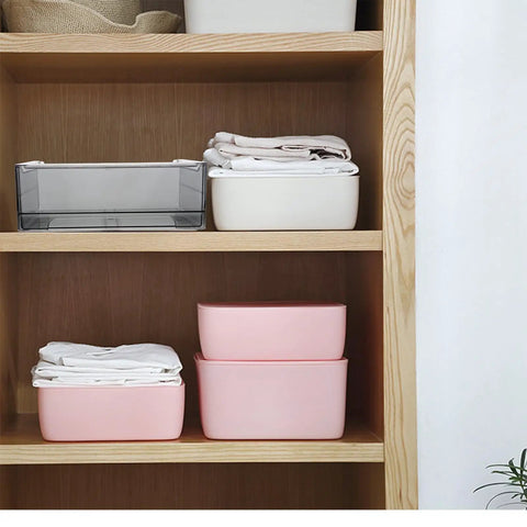 Revamp Your Drawer Routine With These Slick Stackable Underwear And Sock Storage Bins Crafted From Heavy Duty Pet Plastic To Keep Your Closet Super Clean And Fully Sorted, featuring pink and gray bins with organized clothing.