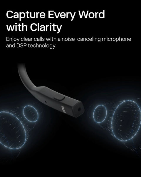 Open Ear Bone Conduction Headset For Work Calls And Meetings Wireless Bluetooth Headphones close-up, featuring noise-canceling microphone.