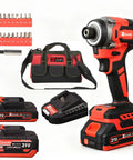 Top Shelf 21V Brushless Cordless Drill And Impact Driver Combo with dual battery packs and tool bag for easy transport.